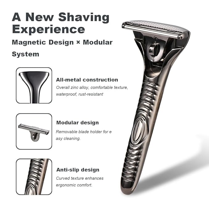 Magnetic Safety Razor for Men Single Blade Face Shaver with 2 Interchangeable Heads Smooth Roller Design Durable Metal Safety Razor Kit with 20 Blades - Pearl Chrome