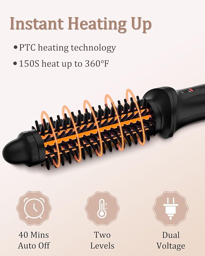 Curling Iron Brush for Short Long Hair Hair Curling Brush Long Barrel Tourmaline Ceramic Dual Voltage Curling Brush Iron with Anti-Scald Bristles (Black)