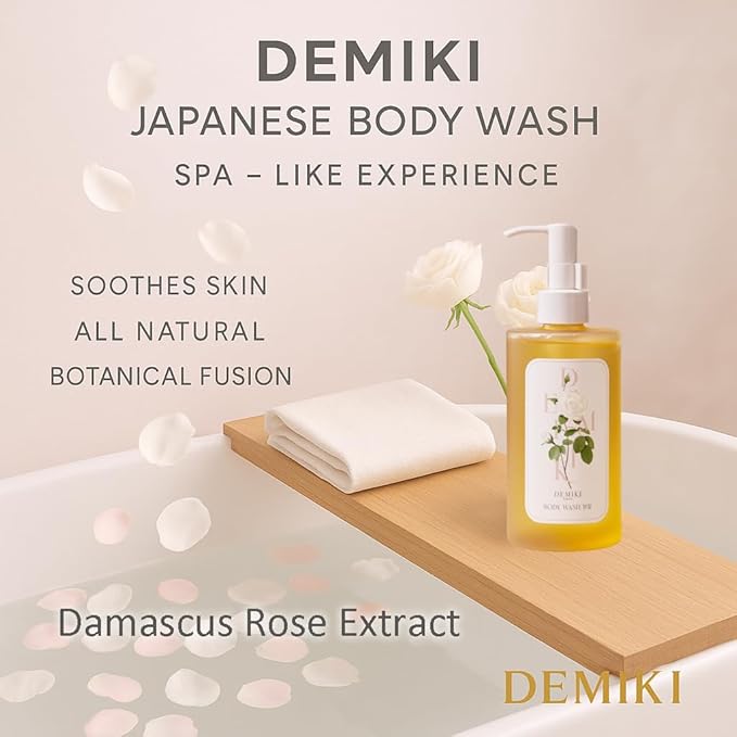 DEMIKI Hydrating Body Wash for Sensitive &amp Dry Skin White Rose Scent Nourishing Shower Oil for Women Winter Moisture Care Sulfate-Free Paraben-Free Dye-Free 10 fl oz