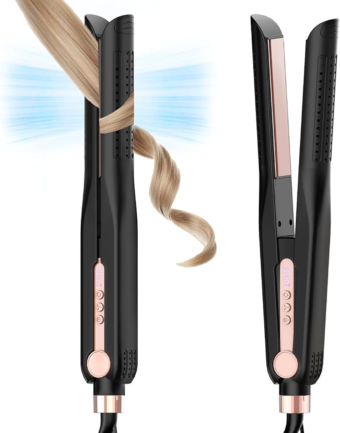SKIMI Airflow Styler Titanium Flat Iron Hair Straightener Professional Curling Iron with Cooling Air Vents to Lock in Style 5 Temps &amp Dual Voltage Auto Off (Black &amp Blush Gold).