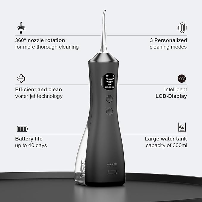 Water Dental Flosser for Teeth Portable Cordless Water Flosser with 300ML Rechargeable with Type-C IPX7 Waterproof Water Flossers for Adults with 3 Intensity Modes and 3 Flossing Tips