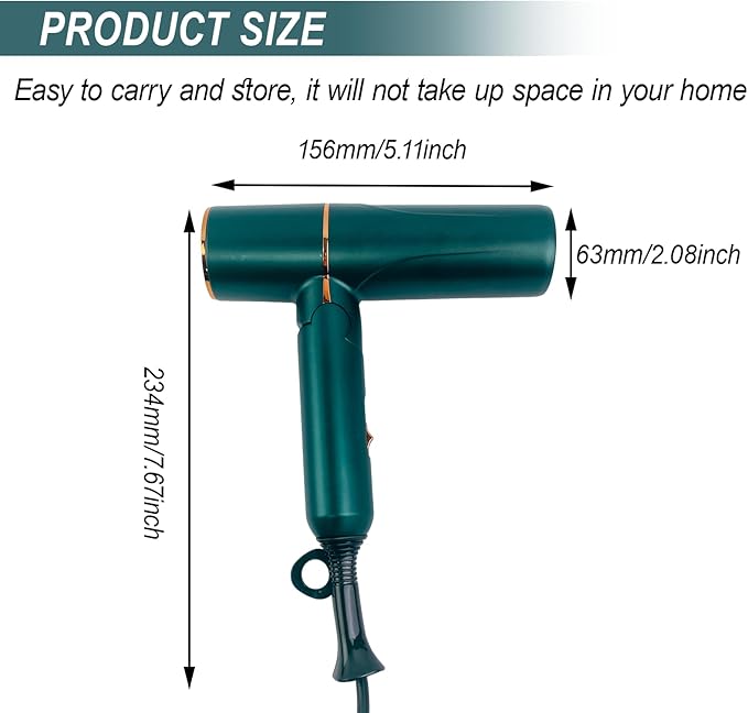 Foldable Hair Dryer - 18m/s Fast Drying 99% Anti-Hair Inhalation 8M Ions 3 Temp/2 Speed Compact Travel Blow Dryer for Salon Shine