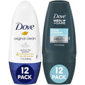 Dove Aluminum-Free Deodorant Roll-On Bundle Original for Women 12-Pack + Men+Care Clean Comfort 12-Pack ¼ Moisturizing Cream 24H Odor Protection 1.7 Fl Oz Ea