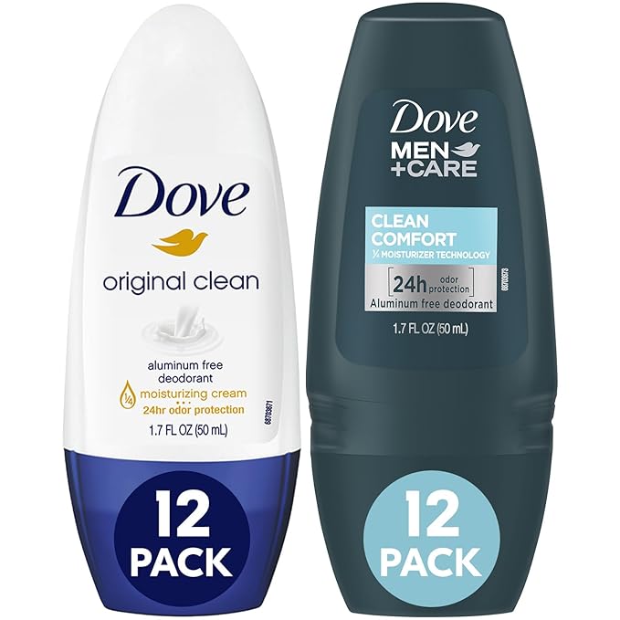 Dove Aluminum-Free Deodorant Roll-On Bundle Original for Women 12-Pack + Men+Care Clean Comfort 12-Pack ¼ Moisturizing Cream 24H Odor Protection 1.7 Fl Oz Ea