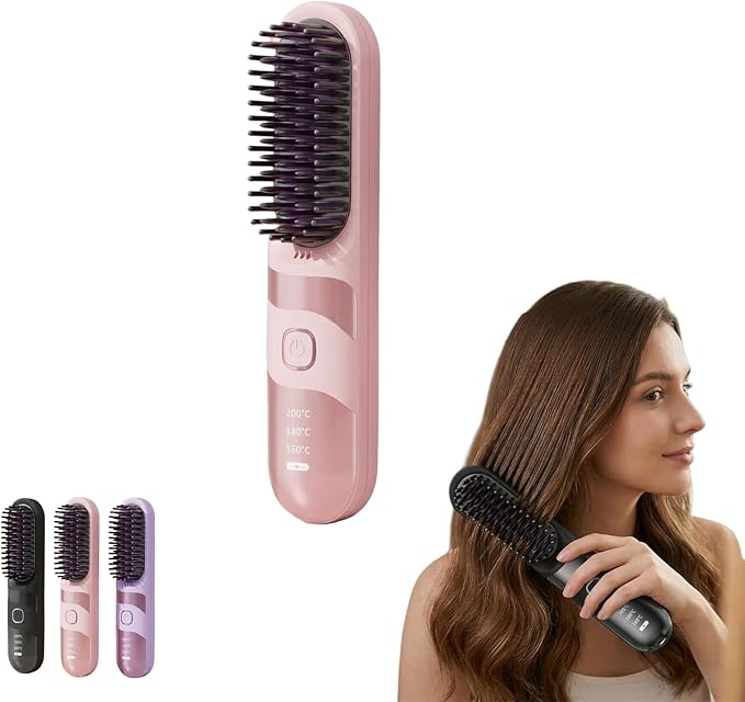 Cordless Hair Straightener Brush Hair Straightening Brush Portable Travel Size Hair Straightener for Women Mini Rechargeable Hair Straightener Comb Electric Hair Brush (Pink)