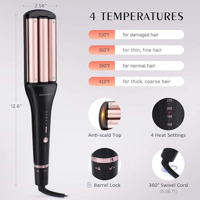 4 in 1 Crimper Hair Tool - Hair Waver with Adjustable Depths for 4 Wavy Styles Beach Waves Curling Iron with 3 Ceramic Barrels 4 Temperatures Dual Voltage for Women (Gold)