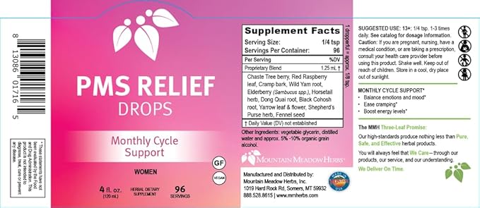 Mountain Meadow Herbs PMS Relief Drops | Liquid Herbal Supplement for Menstrual Period Discomfort | Hormonal Support for PMS Cramps Mood Swings &amp Acne with Chaste Tree Berry (Vitex) &amp Wild Ya
