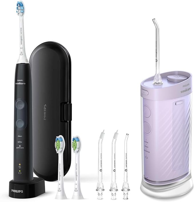 Philips Sonicare Compact Flosser 1000 Purple ProtectiveClean 5300 Rechargeable Electric Toothbrush and 2PK Compact Nozzle Bundle BD2001AZ