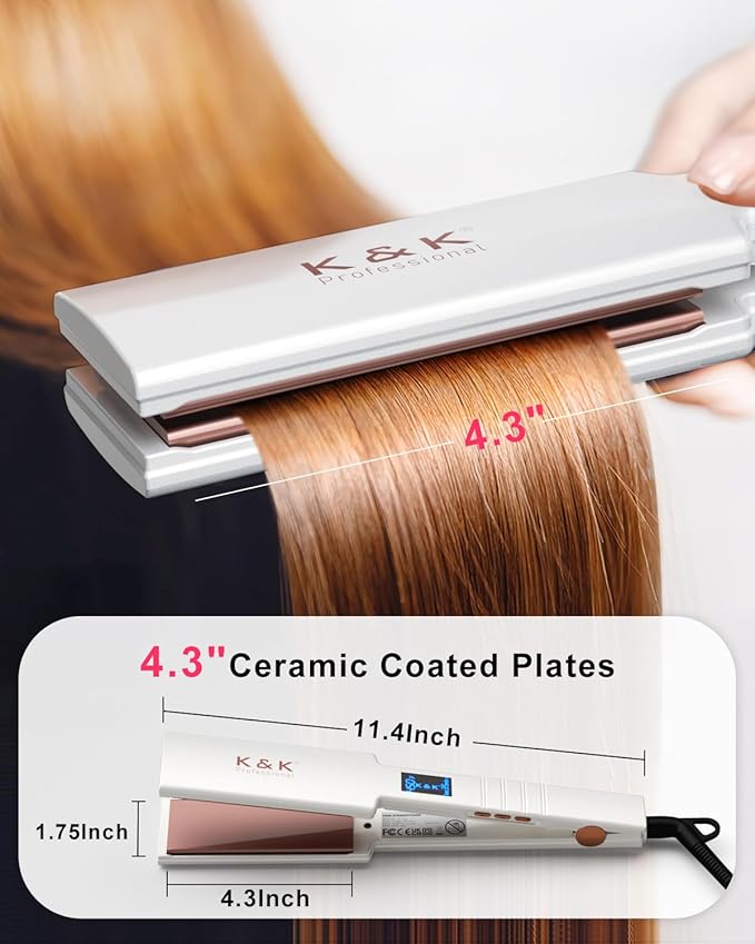 K&ampK Nano Hair Straighteners Wide Plates Adavance Ceramic Coated Plates Digital Display Ultra-Fast Heat Up Auto Safety Shut Off Plancha De Pelo Dual Voltage UK Plug for Thick Hair