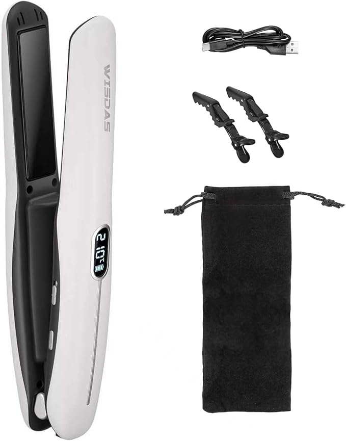 Cordless Hair Straightener 2-in-1 Straightener &amp Curler with 6 Temperature Settings Negative Ions USB Rechargeable for Travel（White）