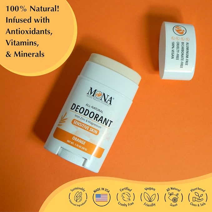MONA BRANDS All Natural Deodorant For Women &amp Men | For Sensitive Skin | No Aluminum or Baking Soda | (2-Pack ORANGE 1.76 Oz each)