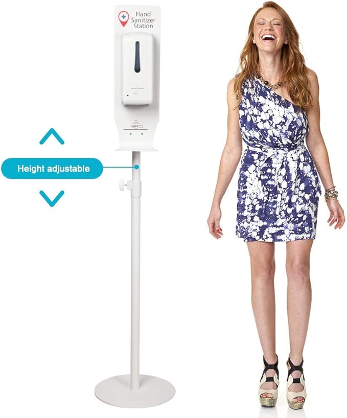 Standing Automatic Sanitizer Dispenser Movable Sanitizer Station with Height Adjustable Metal Stand and Refillable Canister Anti-Theft Design