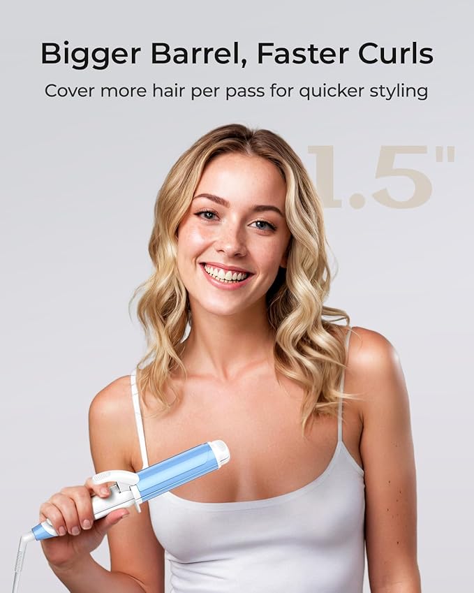 Dual-Voltage Curling Iron: Smart Voltage 1 1/2 inch Ceramic Barrel for Long Hair Traveler - European Travel Curling Iron with Clamp Blue