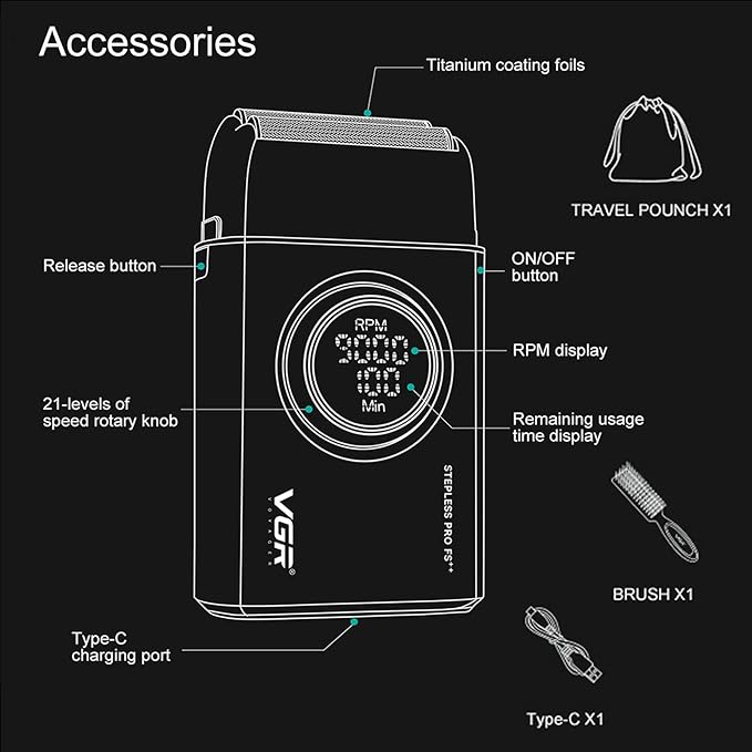 VGR 377 Foil Shaver for Men Electric Razor for Shaving Face with Double Foil 21-Speed 9000 RPM Motor Bald Shavers LED Display Titanium Foils Barber Supplies (Black) Men's Gifts