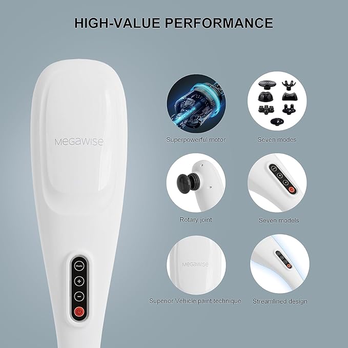 MEGAWISE Cordless Handheld Back Massager w/Rechargeable 3200mAh Battery 5 Speed and 5 +2 Massage Nodes with Hard Medium and 2 Soft Silicone Nodes Massage While Moving Around (Pearl White)