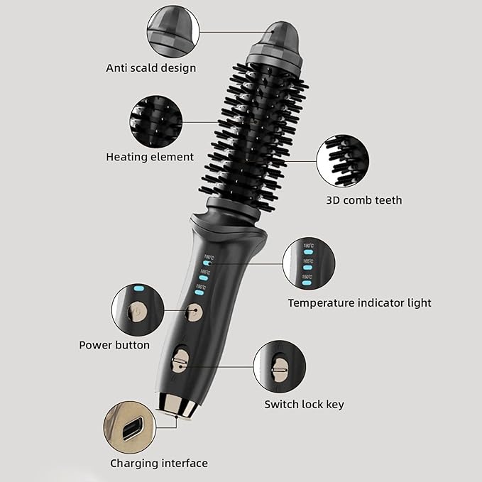 Cordless Curling Iron for Travel USB Curling Brush Rechargeable Heated Thermal Round Brush Mini Dual Purpose Ceramic Hair Straightener Wand Curler Electric Hot Tools for Short Long Hairs