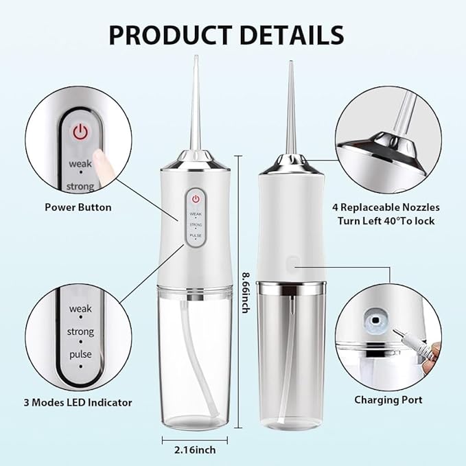 Generic Cordless Water Dental Flosser for Teeth Cleaning 220ml Tank 3 Modes 4 Jets IPX7 Waterproof