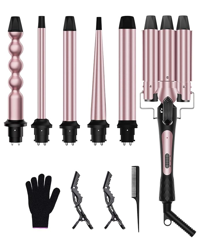 6 in 1 Curling Iron Curling Wand Set with 3 Barrel Hair Crimper and 5 Interchangeable Ceramic Hair Curler (0.35-1.25”) Instant Heat Up 2 Temp Wand Curler Include Heat Protective Glove &amp 2 Clip