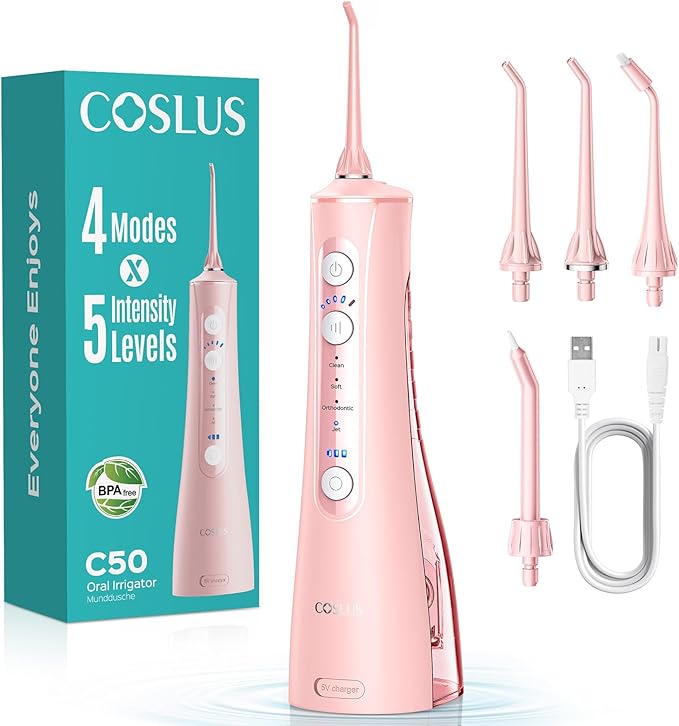 COSLUS 4 Modes 5 Levels Pink Pro Flosser &amp W40(F5020E) Black Flosser Pick