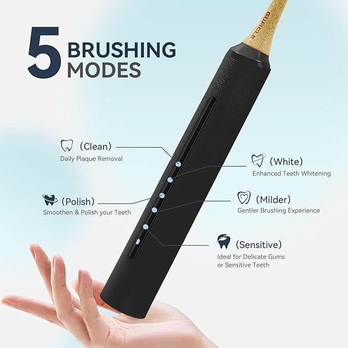 Bamboo Electric Toothbrush for Adults丨Rechargeable Electric Toothbrush with 3 Non Toxic Charcoal Infused Bamboo Brush Heads 5 Cleaning Modes 60 Days Battery Life IPX7 Waterproof-Black