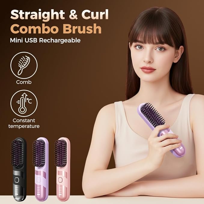 Go Brush 2026 New Cordless Straightening and Curling Brush Ideal for Fine Thick Stubborn Hair 3 Temperature Options Anti-Scald Safety Design USB Rechargeable (Black)