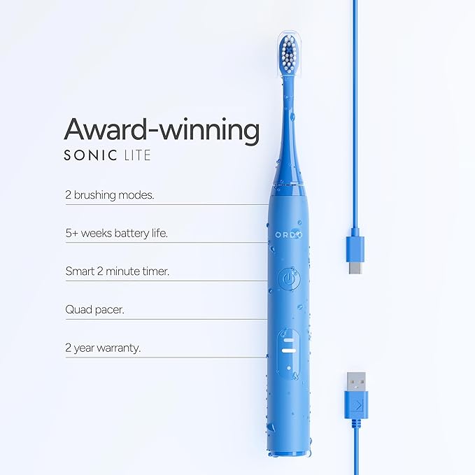 ORDO Lite Sonic Toothbrush Electric Toothbrushes with 35000 Pulses Per Min Dual Modes Over 5 Weeks Battery Smart Timer Waterproof USB C Sky
