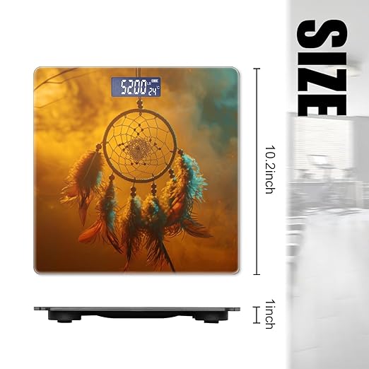 Digital Scale for Body Weight Highly Precision Bathroom Weight Scale 400 lbs with Backlit Display Personalized Scale for Home-Dreamcatcher Hanging in The Air with Orange and Blue Background