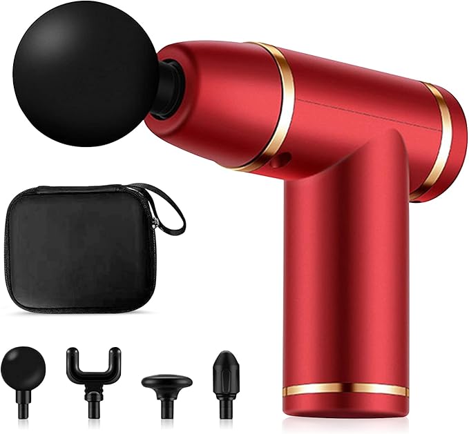 Ergocar Powerful Muscle Massage Gun Deep Tissue 6 Speeds Handheld Electric Body Massager with 4 Heads Super Quiet Fashion for Athletes Sedentary Office WorkerButton Style-Red Gold