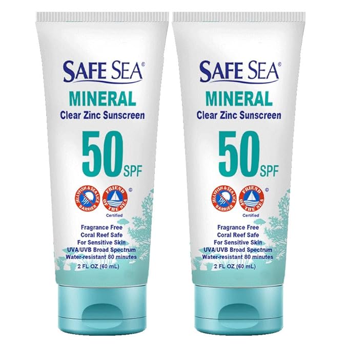 Safe Sea Zinc Oxide Sunscreen SPF50 | Clear Mineral Face Sunscreen Without White Cast | Anti-Jellyfish Sting Protective Lotion | Coral Reef Safe | Travel Size - 2Oz (60ml) Pack of 2