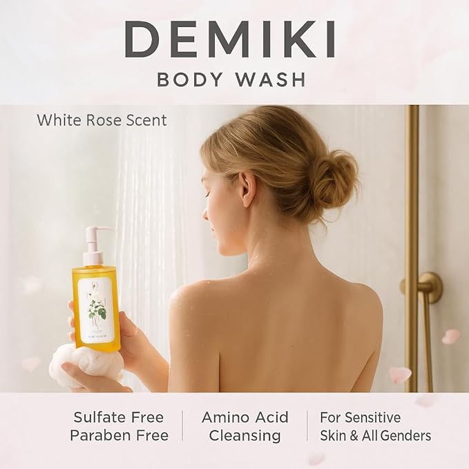DEMIKI Hydrating Body Wash for Sensitive &amp Dry Skin White Rose Scent Nourishing Shower Oil for Women Winter Moisture Care Sulfate-Free Paraben-Free Dye-Free 10 fl oz