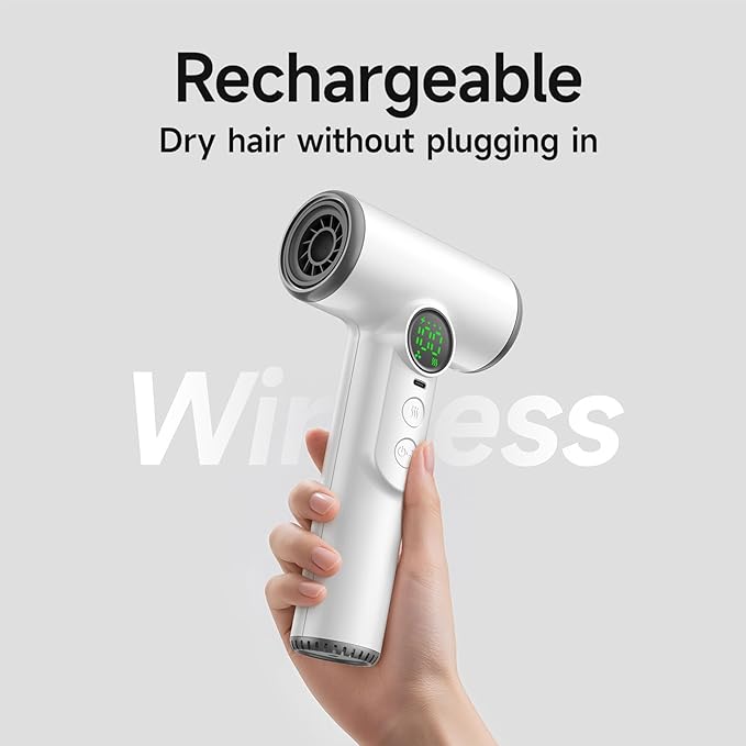 fosa Cordless Hair Dryer Rechargeable Battery Operated Blow Dryer 100 Heat &amp Speed Settings 30000 RPM with Digital Screen &amp Memory Function for Travel Students Dormitory (White)