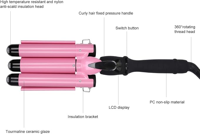 Three Barrel Curling Iron Triple Pipe LCD Hair Waver Temperature Adjustable Hair Curling Iron Hair Iron Curler Compatiable for All Hairstyles(US25mm)