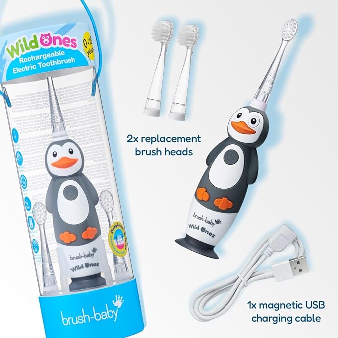 BrushBaby - WildOnes - Kids Rechargeable Electric Toothbrush Ages 0-10 - Penguin Design with Flashing Lights - DeepClean Bristles for Superior Cleaning - 2 Replacement Brush Heads 1 USB Cable