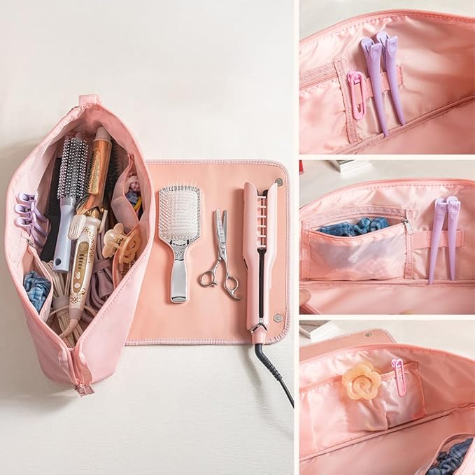 Custom Hair Tools Travel Bag Personalzied Name Birth Flower Hair Accessories Organizer Case With Heat Resistant Mat for Curling Iron Straightener Flat Iron Black Pink Size 4.7 * 5.9 * 18INCH
