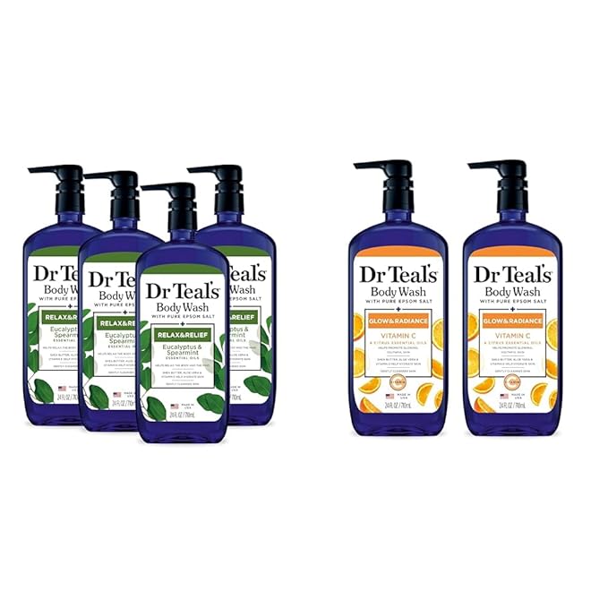 Dr Teal's Body Wash with Pure Epsom Salt Relax &amp Relief &amp Body Wash with Pure Epsom Salt Glow &amp Radiance with Vitamin C &amp Citrus Essential Oils 24oz (Pack of 2) (Packaging May Vary)