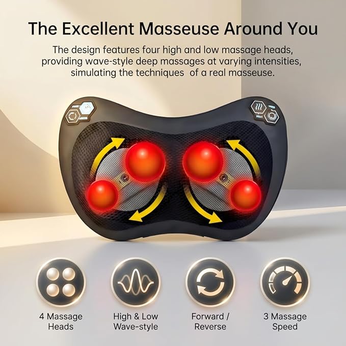 MLVOC Neck Massager &amp Back Massager with Heat - Portable 3-Speed Shiatsu Massage Pillow for Body Relief 37°C Thermal Therapy Rechargeable 2000mAh Battery for Home/Car/Office/Travel Use