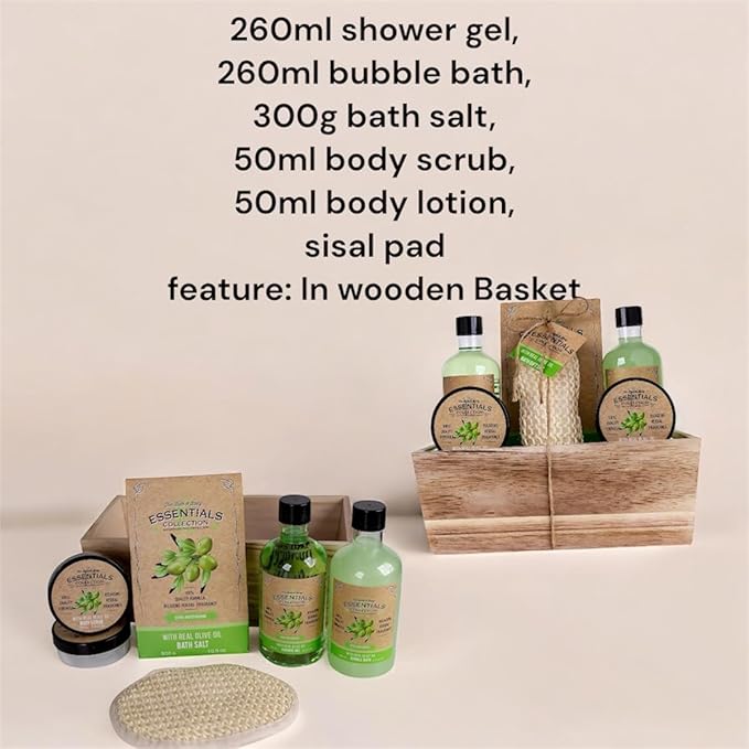 Gift Sets for Bath Spa Shower |6-piece wellness set|260ml shower gel 260ml bubble bath300g bath salt50ml body scrub50ml body lotionsisal pad feature: In wooden Basket.