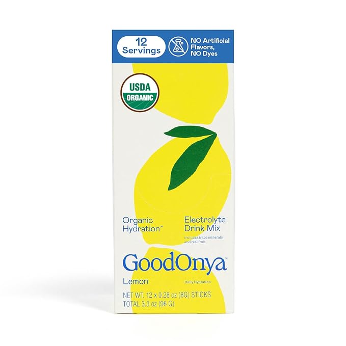 GOODONYA Organic Hydration Electrolyte Drink Mix Certified Organic Hydration Powder Non-GMO Biochecked Glyphosate Free Low Sugar Lemonade Flavor No Artificial Flavors12 Stick Packs