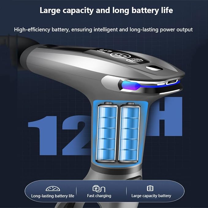 Massager for Body Muscle Relaxation and Fitness LED Screen 4 Massage Heads 8-Level Adjustment Detachable Handle 10 Mm Massage Depth 15-Minute Timer Deep Tissue MassageGrey