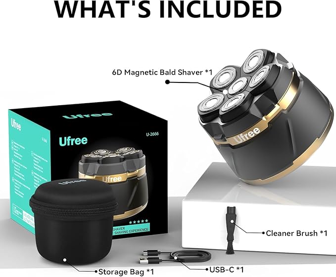 Ufree Head Shavers for Bald Men - Waterproof Bald Head Shaver with Travel Pouch Detachable Rotary Blade for Clean Shave Electric Razor with LED Display Wet/Dry