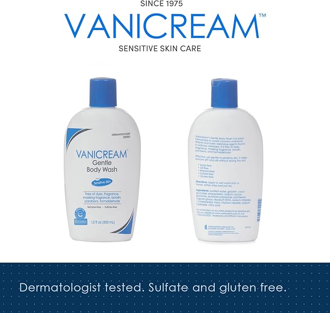 Vanicream Shampoo (12 Fl Oz) Gentle Facial Cleanser with Pump Dispenser (8 fl oz) Gentle Body Wash (12 Ounce) Bundle