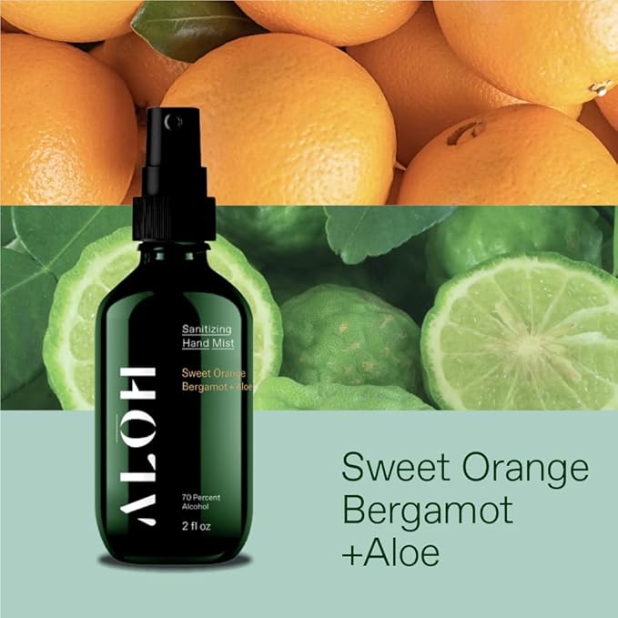 ALŌH Hand Sanitizer Mist 3-pack | Sweet Orange Bergamot + Aloe | 70% Alcohol Hydrating Hand Sanitizer Spray with Essential Oil for Kids &amp Adults | 2oz Travel Size Bottle (set of 3)