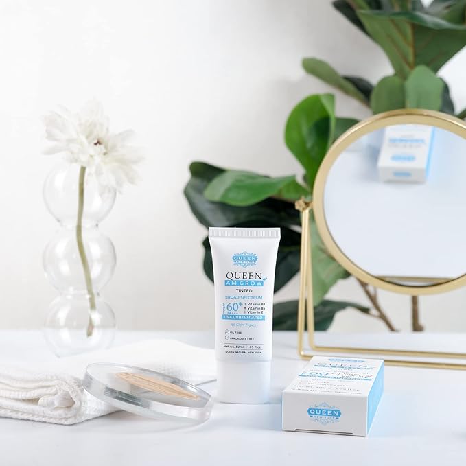 QUEEN AM GLOW | TINTED SunScreen SPF 60 PA+++Primer-Face Moisturizer- Vitamin B3 B5 E- Non-Greasy Silky Touch-oil free fragrance free by QUEEN NATURAL NEW YORK (Pack of 2)