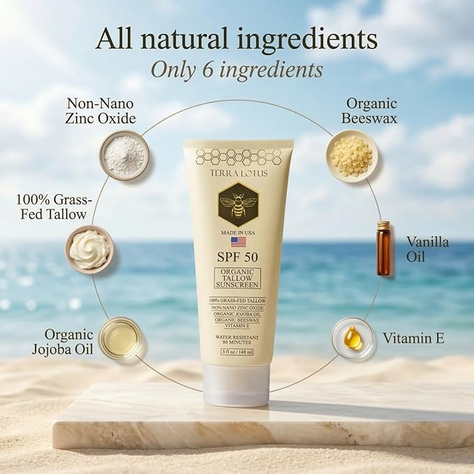 Organic Tallow Sunscreen - 50 SPF - For Face and Body - With 100% Grass-Fed Tallow and Non-Nano Zinc Oxide Reef Safe - (5 Oz)