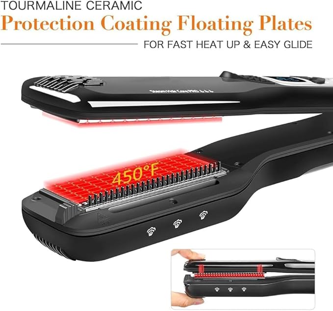 SteamPlus Professional Steam Hair Straightener with LCD Display White and Black 6 Steam Vents Detachable Guide Comb Temperature Control Ceramic Plates (Black)