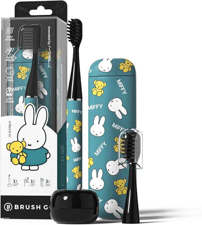 MIPOW Miffy BrushGo i4 Slim Electric Toothbrush Sonic Vibration Rechargeable Magnetic Travel Case &amp Ceramic Holder Dock 60Day Long Battery Soft Bristles 2Heads IPX7 Waterproof (Blue)