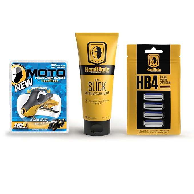 Moto Men's Head Shaving Starter Kit with HeadSlick Shaving Cream Shaving Razor Blade Refills (8 ounce HeadSlick)