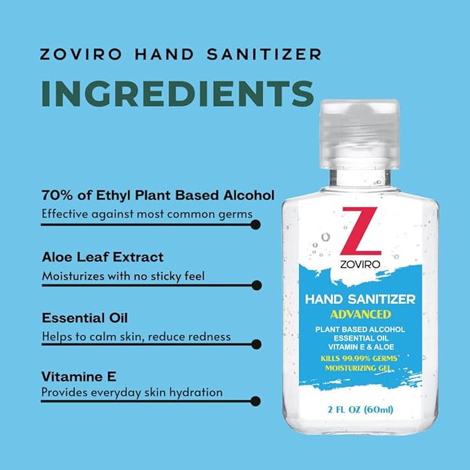 Zoviro Hand Sanitizer Gel 2 Fl Oz Flip-Cap Bottle Moisturizing with Essential Oils and Aloe Refreshing Scent Rinse-Free Formula Mini Hand Sanitizer Travel Size (Pack of 50)