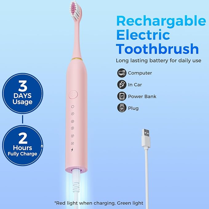 Dnil 3 Pack Sonic Electric Toothbrush 42000vpm High-Frequency Vibrations 6 Brushing Modes with Smart Timer Includes 12 Replacement Heads for Deep Clean and Gum Care(Black+White+Pink)