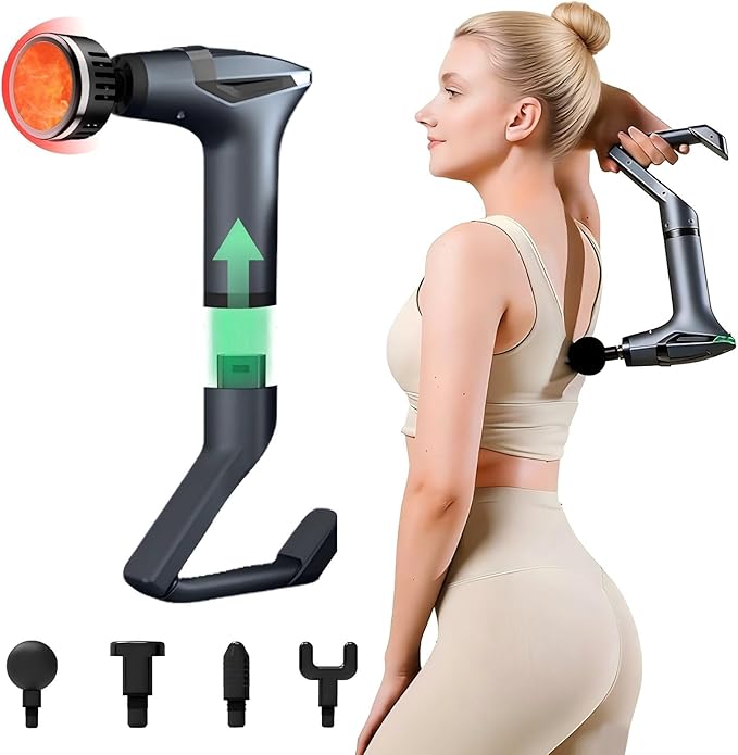 3-in-1 Detachable Deep Tissue Massage Gun with Heat &amp Extension Handle Percussion Muscle Massager for Arms Shoulders BackWaist Portable &amp Quiet for Home Gym &amp Office 12 Adjustable S